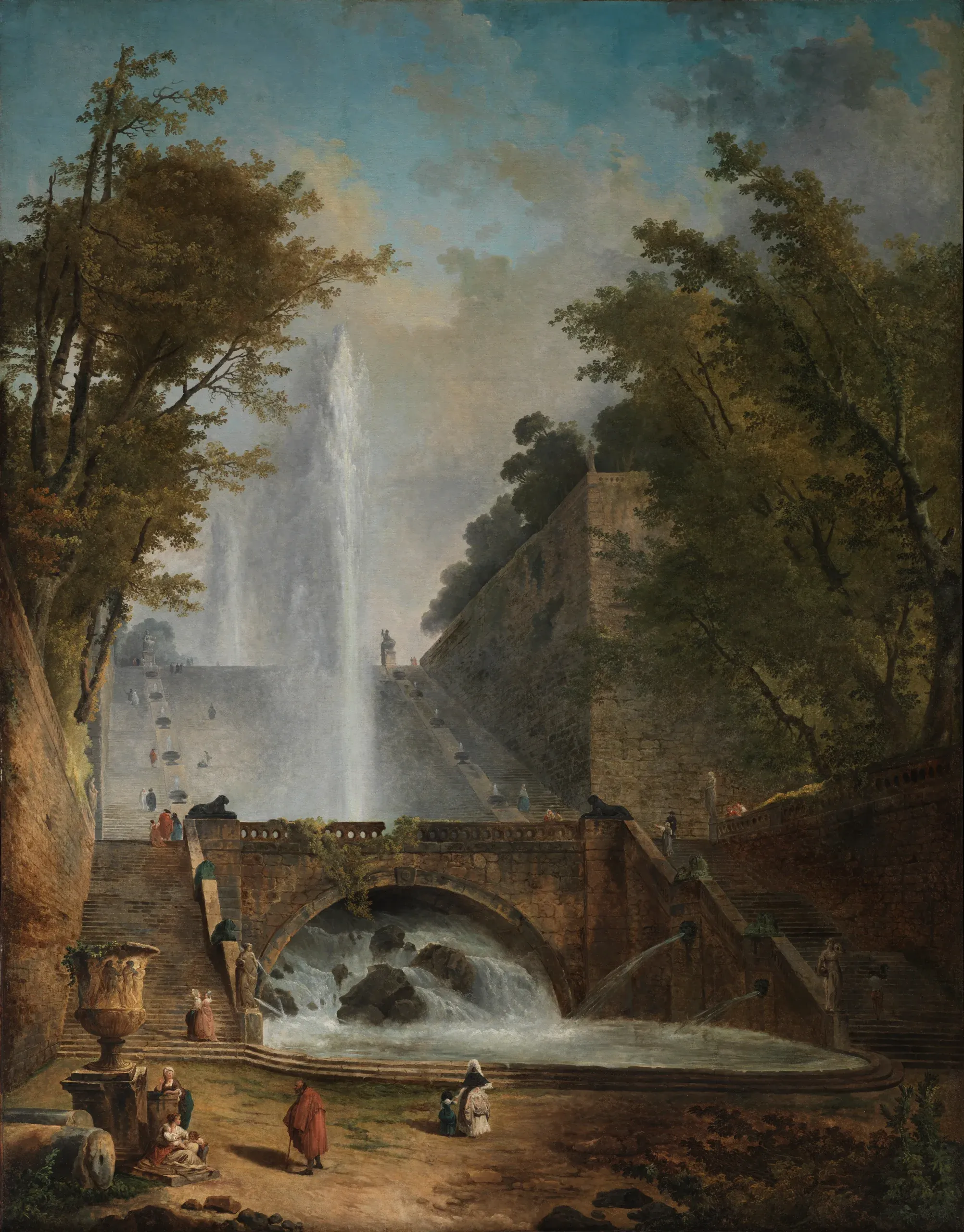 Classical landscape painting with bridge and waterfall
